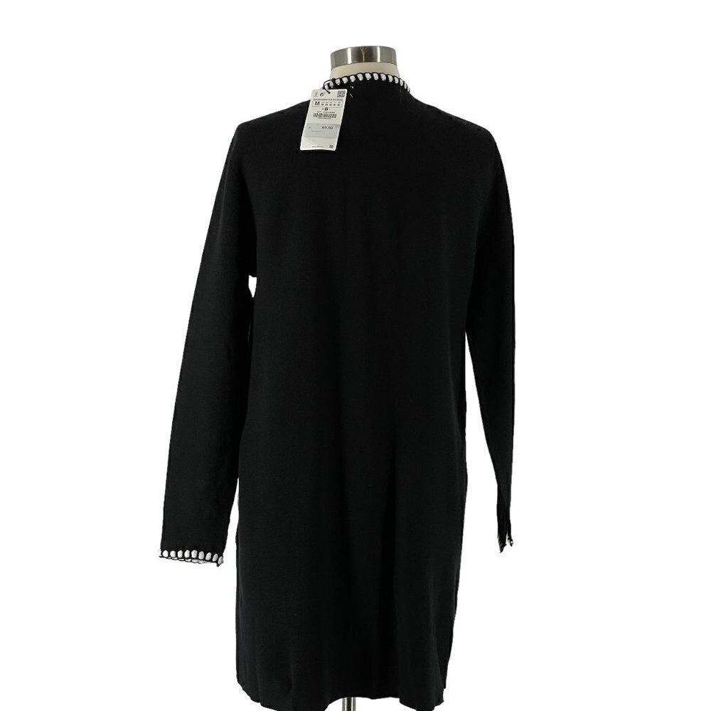 SALE Zara NWT Black White Trim Sweater Knit Long Open Front COATIGAN Cardigan M - Picture 3 of 8